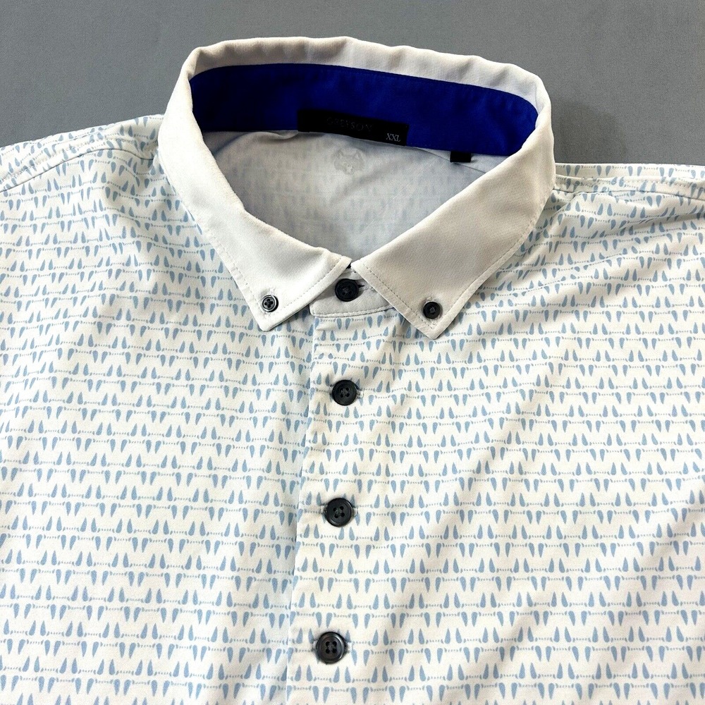 Greyson Golf Polo Men's Sz 2XL Performance White Blue All Over Geometric Pattern